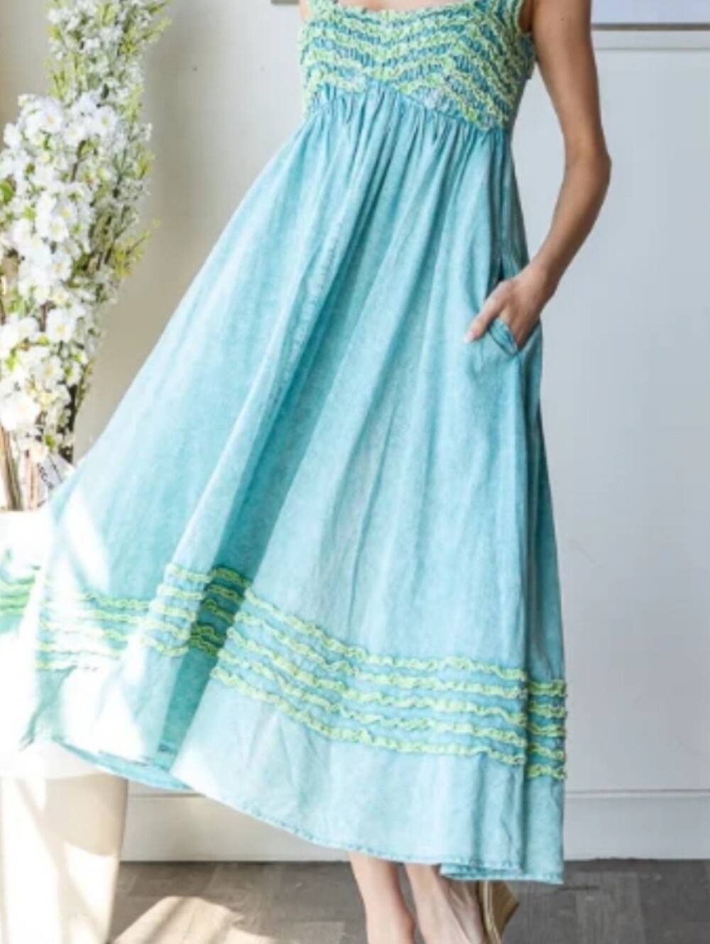 Oli & Hali Aqua Cotton Ruffle Midi Dress Elastic Waist Boho XL Style JD0747